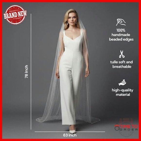 Pearl Crystal Beaded Edge Bridal Veil Fingertip Length Wedding Accessory main image 7